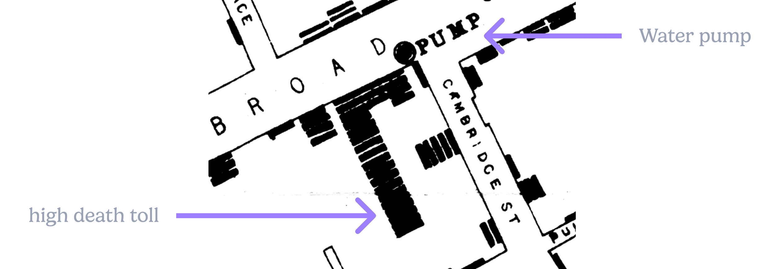John Snow map of cholera deaths in London - Detailed view