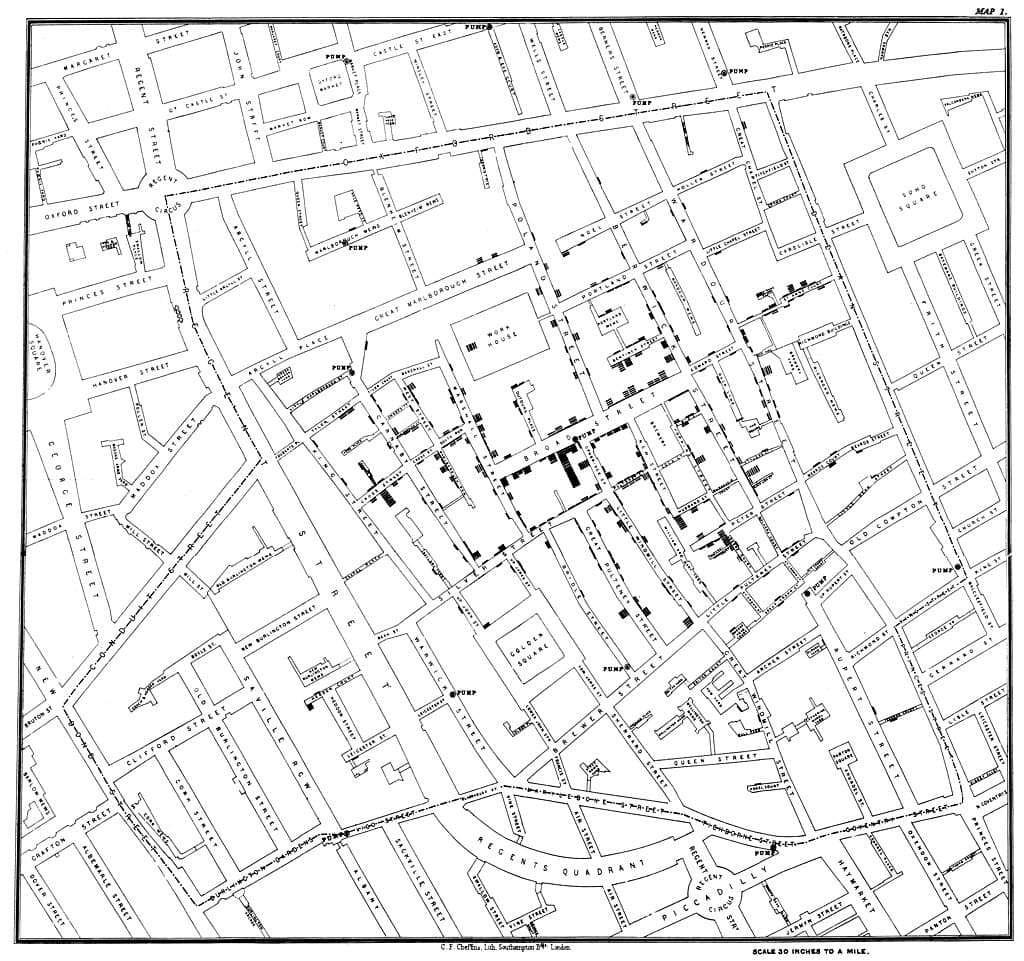 John Snow map of cholera deaths in London